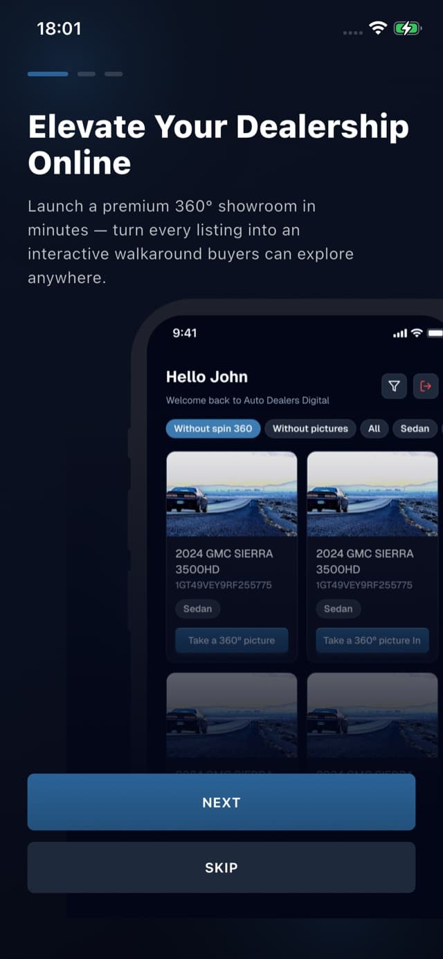 AD Spin Studio app — inventory ready to capture, with a 360° spin queued for each vehicle