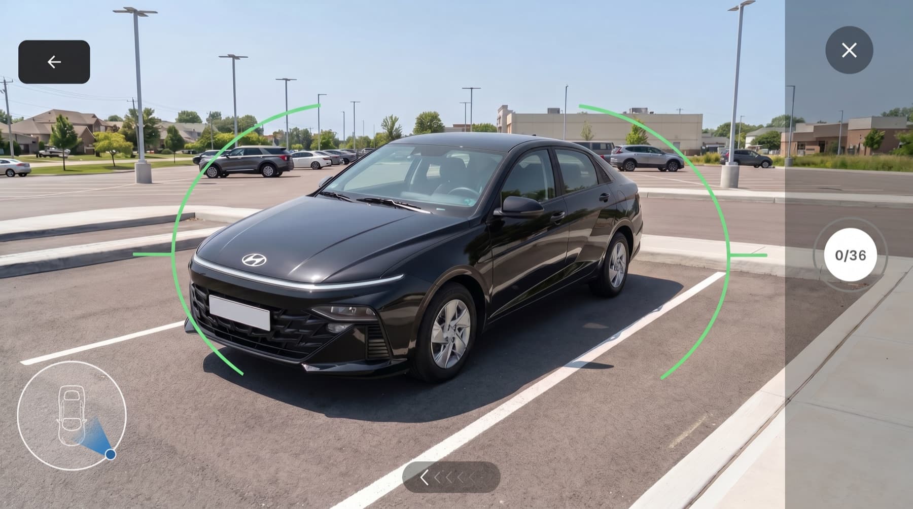 The AD Spin Studio capture screen: a guided ring around the vehicle and a 0/36 angle counter
